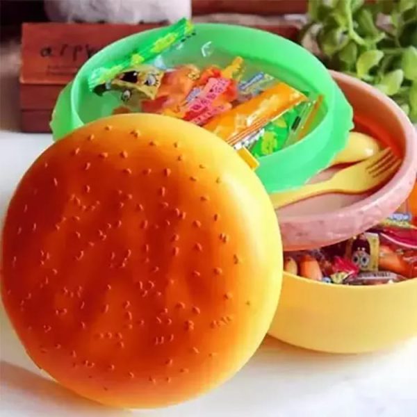 1 Pc Round Cute Burger Shape Lunch Box Perfect For School Kids Office Worker 3 Layer Container Box For Boys, Girls, School & Office Men