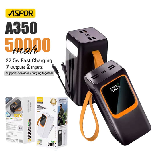 Aspor A350 50,000mah – Fast Charging With Built-in Flashlight Power Bank For Mobile And Laptops (random Color)