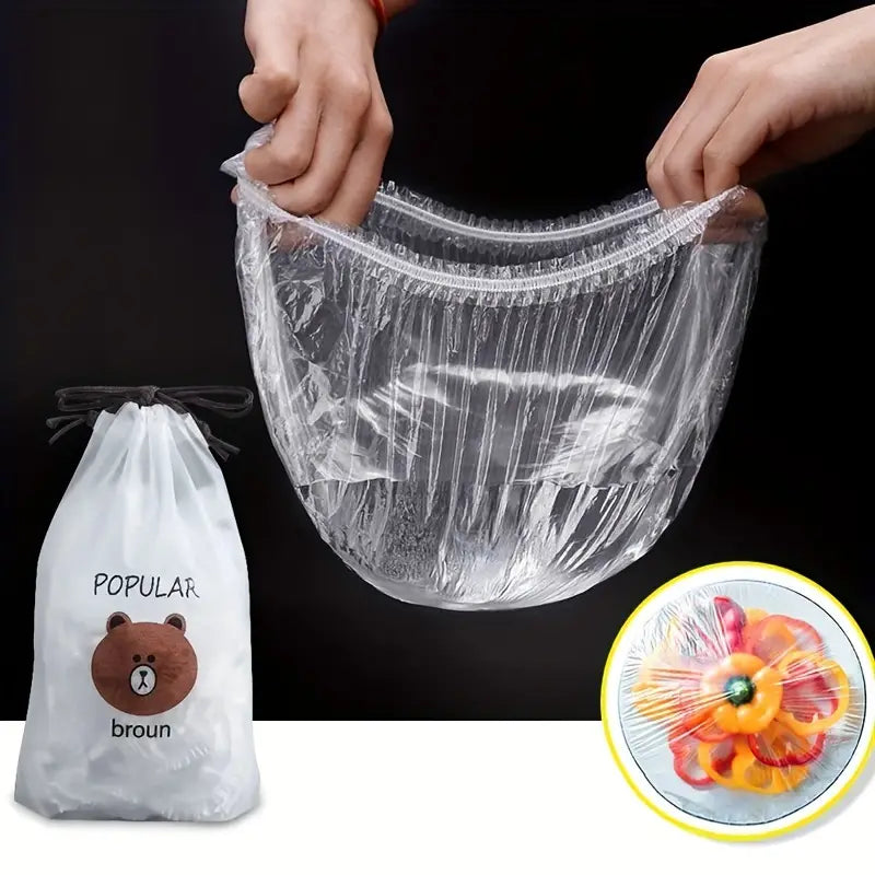 100pcs Disposable Plastic Wrap Cover, Convenient And Quick, With Elastic And Tight Mouth, Can Be Used As A Shower Cap, Suitable For Various Plates, Dust-proof, Insect-proof, Food-grade Fresh-keeping Cling Film Cover, Kitchen Accessories