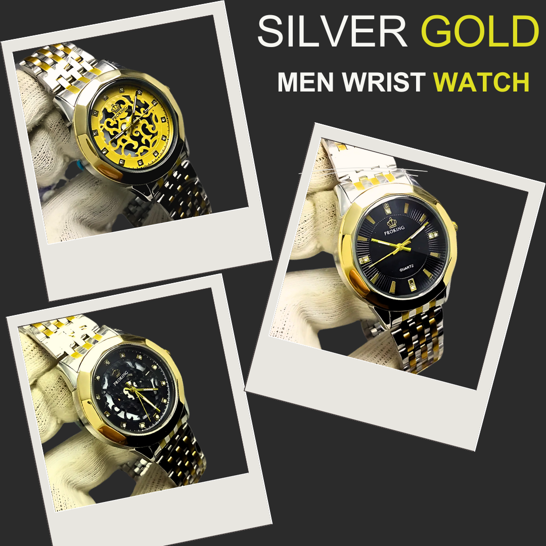 Ma1 Pro King Gents Silver Gold Wrist Watch | Stainless Steel Diamond Cut Quartz Watch For Boys & Mens (random Designs)