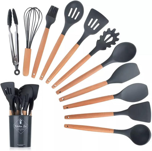 12 Pcs Silicone Cooking Utensils Kitchen Utensil Set | Heat Resistant Kitchen Non Toxic Spatula Set With Turner Tongs,spoon,brush,whisk-wooden Handle(