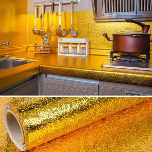 (size: 45*2m) – Golden Foil Kitchen Wallpaper Stickers, Peel & Stick Aluminum Foil Wall Paper, Self-adhesive Oil Proof Waterproof Sticker For Kitchen