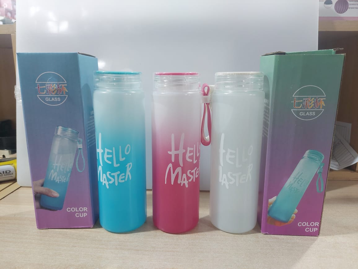 Hello Master Crystal Glass Water Bottle And Plastic Lid With Box 480 Ml (random Color)