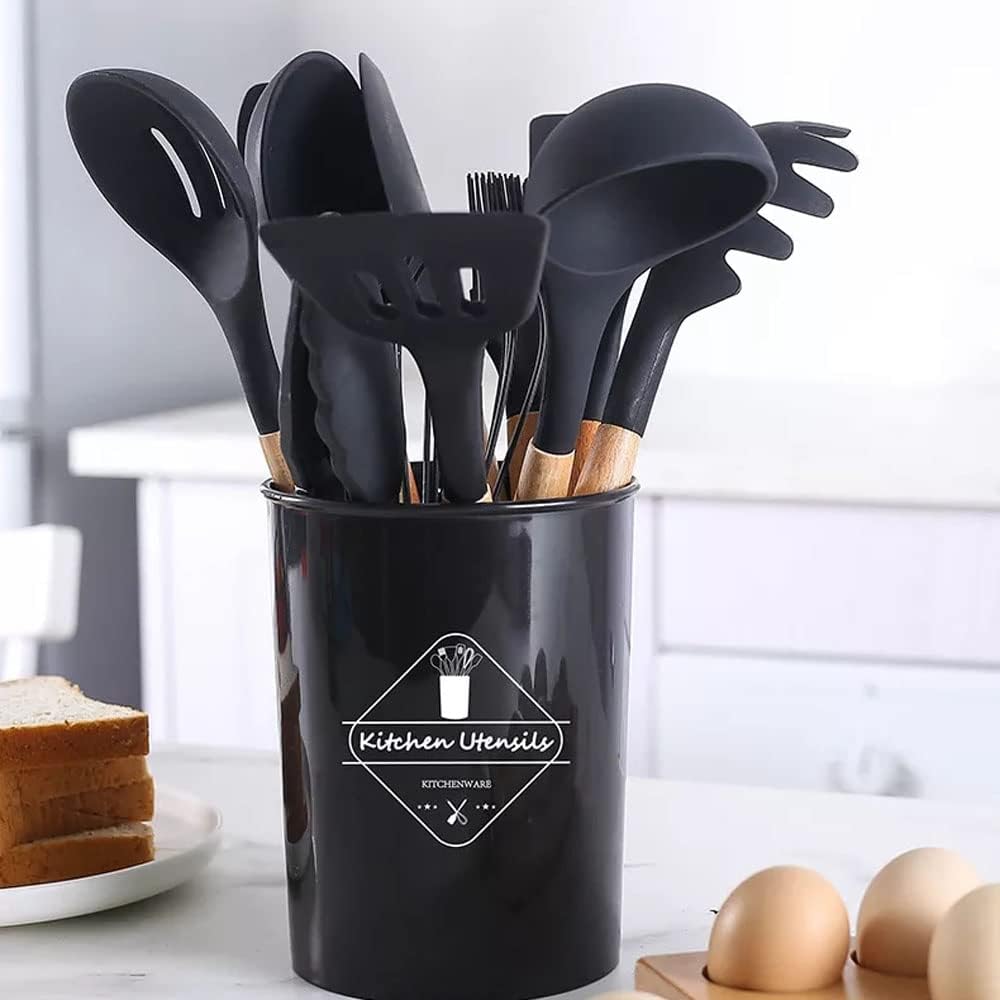 12 Pcs Silicone Cooking Utensils Kitchen Utensil Set | Heat Resistant Kitchen Non Toxic Spatula Set With Turner Tongs,spoon,brush,whisk-wooden Handle(