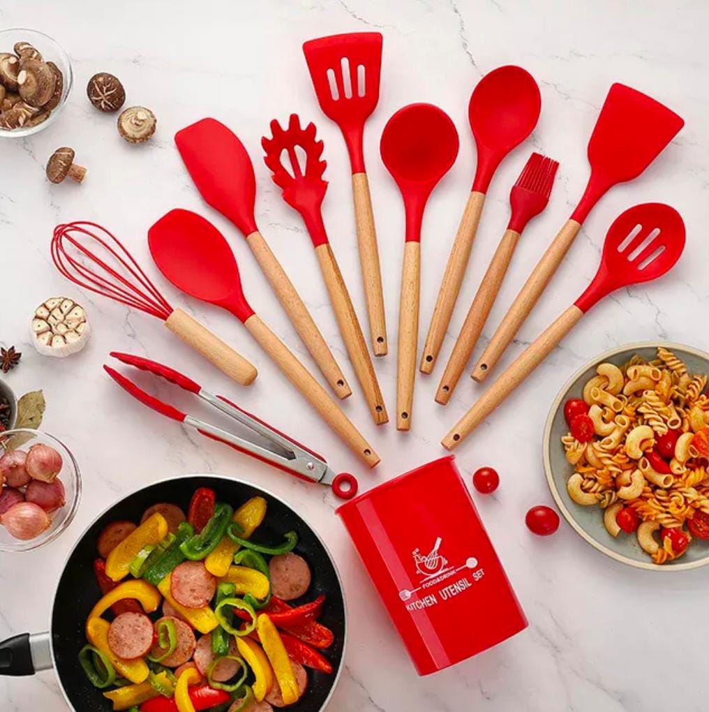 12 Pcs Set Wooden Handle Silicone Kitchen Utensils With Storage Bucket High Temperature Resistant And Non Stick Pot Spatula Spoon