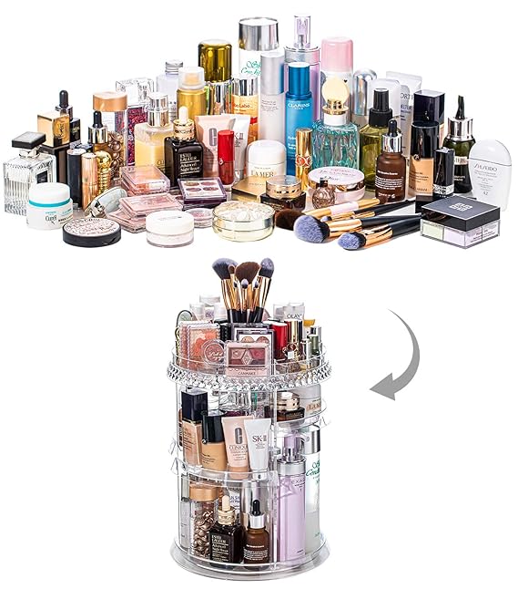 360° Rotating Crystal Makeup Organizer | Adjustable Cosmetic Display Stand Box, Makeup Storage For Vanity Bedroom & Bathroom