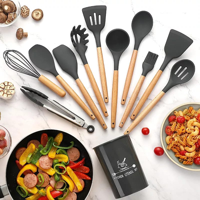 12 Pcs Set Wooden Handle Silicone Kitchen Utensils With Storage Bucket High Temperature Resistant And Non Stick Pot Spatula Spoon